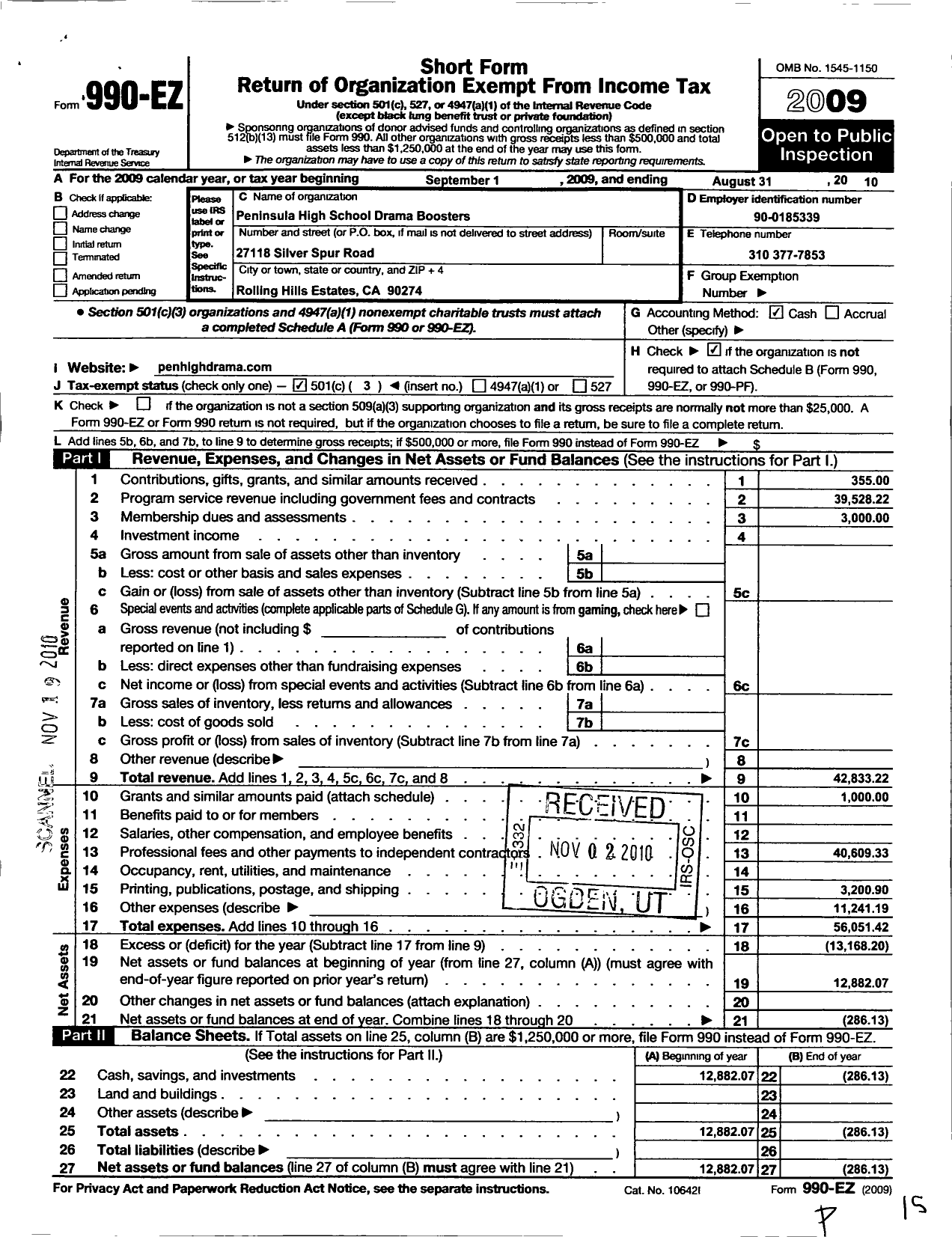 Image of first page of 2009 Form 990EZ for Peninsula High School Drama Boosters