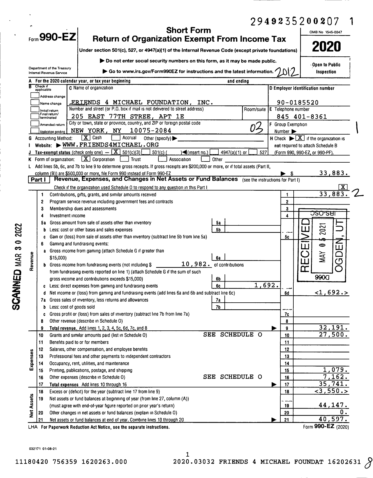 Image of first page of 2020 Form 990EZ for Friends 4michael Foundation