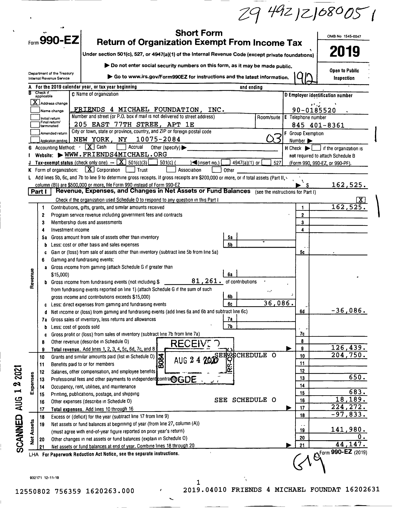 Image of first page of 2019 Form 990EZ for Friends 4michael Foundation