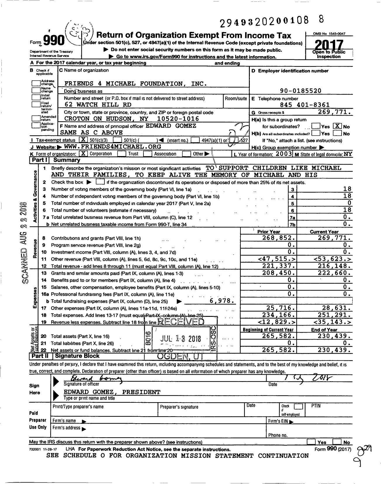 Image of first page of 2017 Form 990 for Friends 4michael Foundation