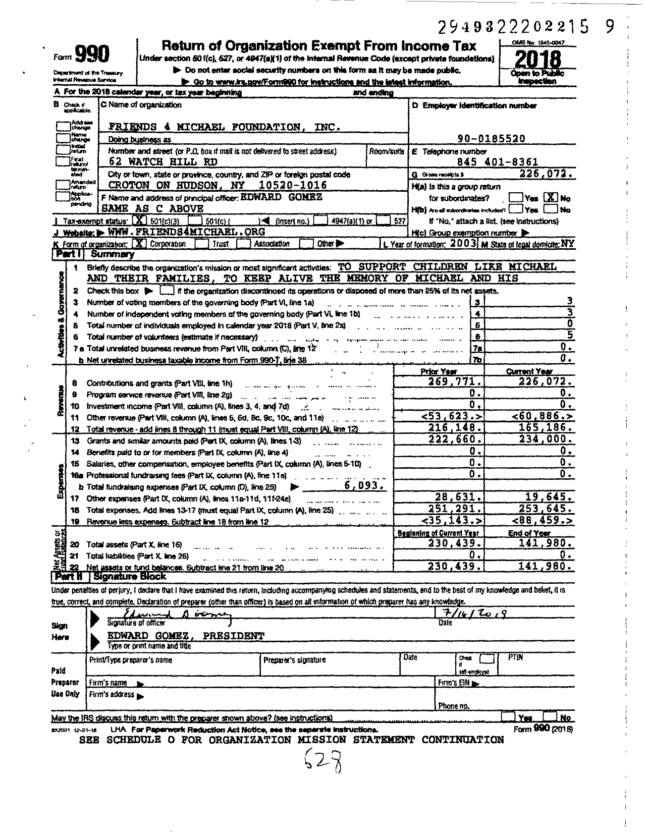 Image of first page of 2018 Form 990 for Friends 4michael Foundation