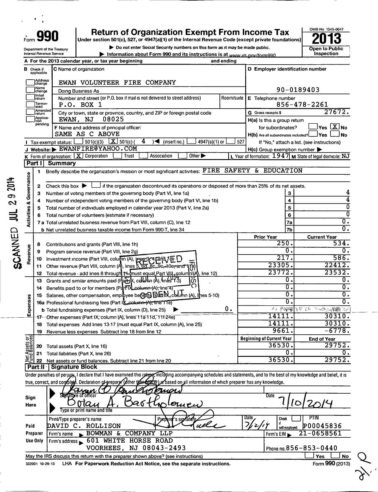 Image of first page of 2013 Form 990O for Ewan Fire Company