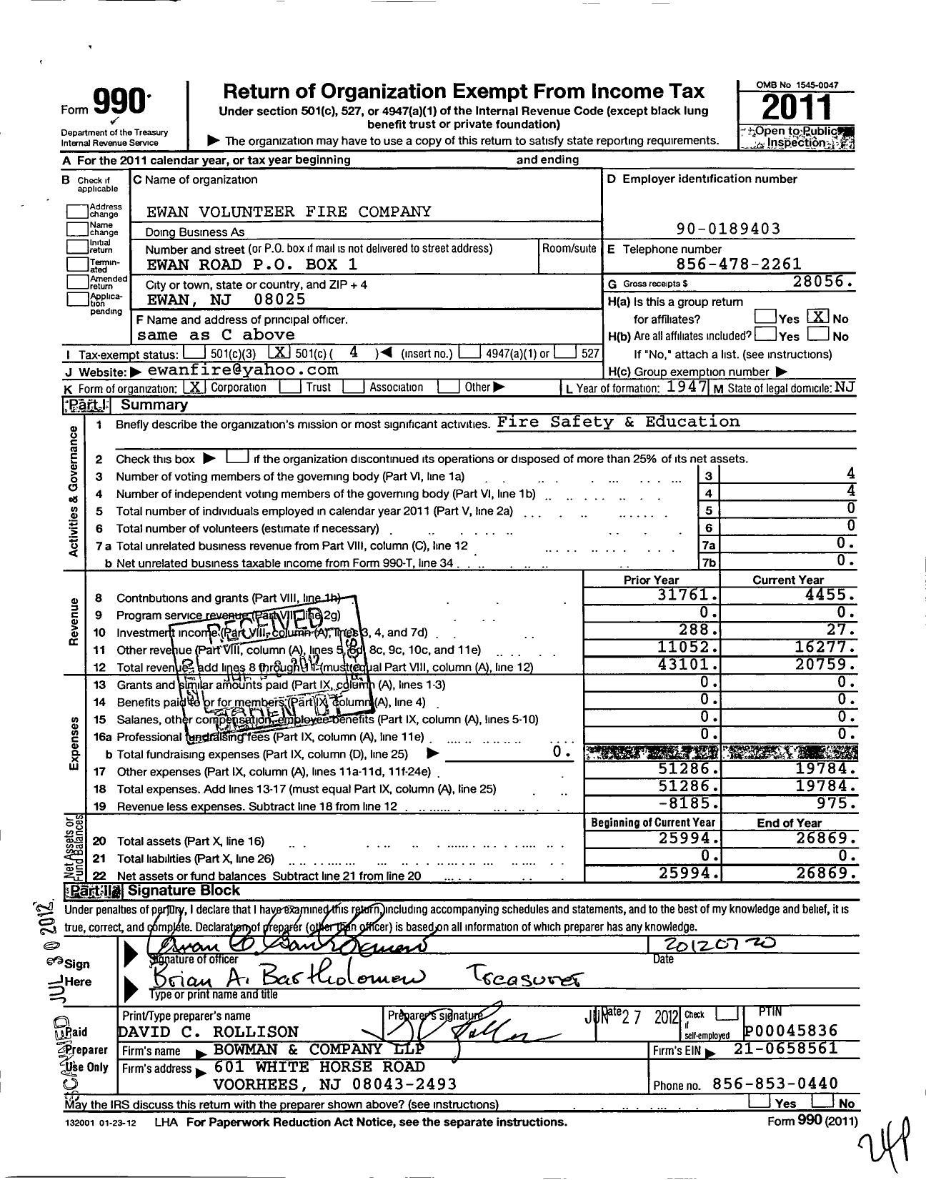 Image of first page of 2011 Form 990O for Ewan Fire Company