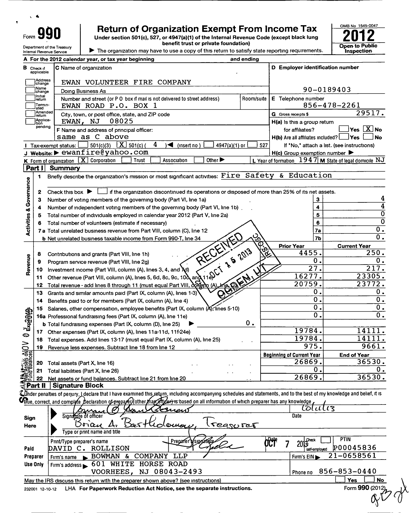 Image of first page of 2012 Form 990O for Ewan Fire Company