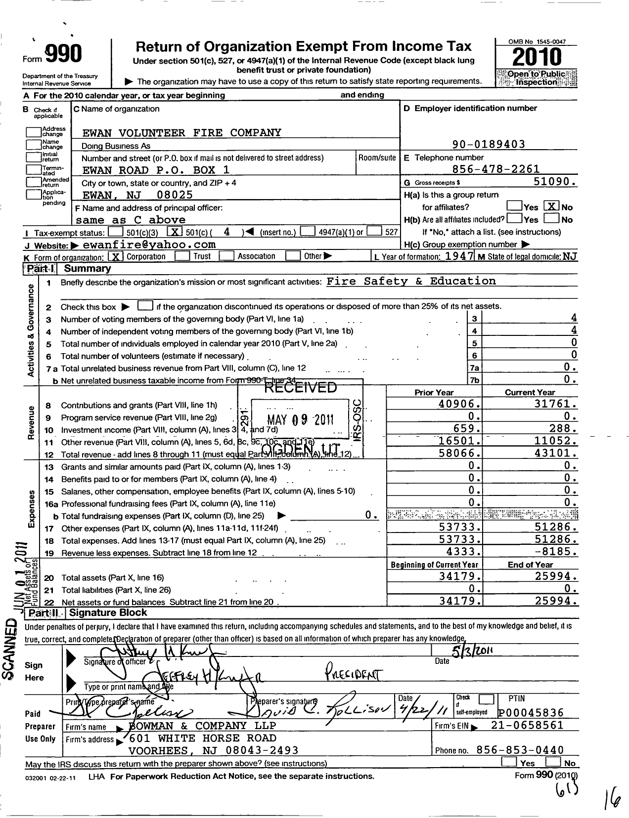 Image of first page of 2010 Form 990O for Ewan Fire Company