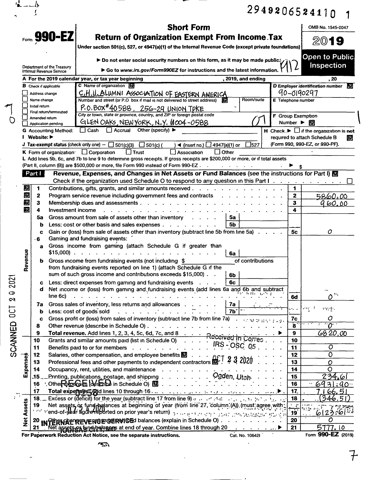 Image of first page of 2019 Form 990EO for C H U Alumni Association of Eastern America