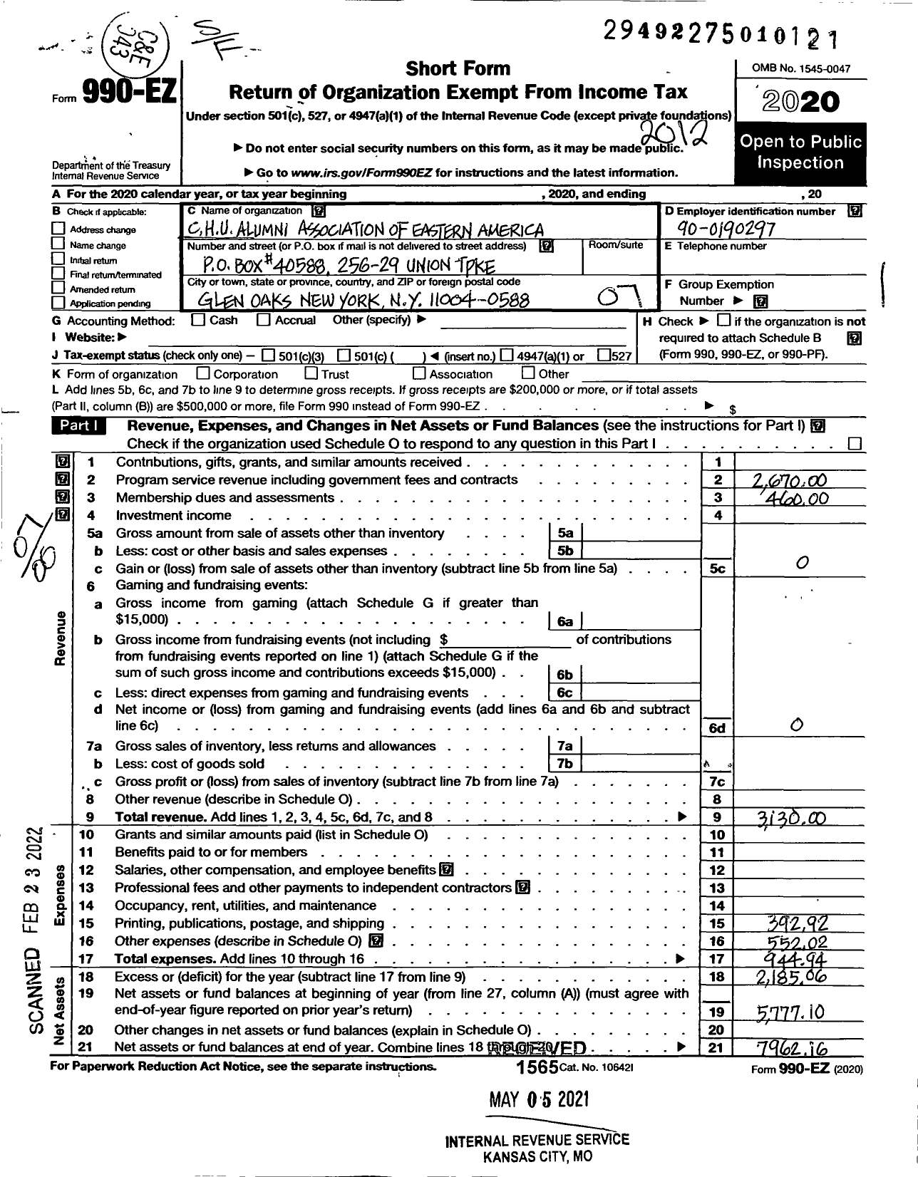 Image of first page of 2020 Form 990EO for C H U Alumni Association of Eastern America