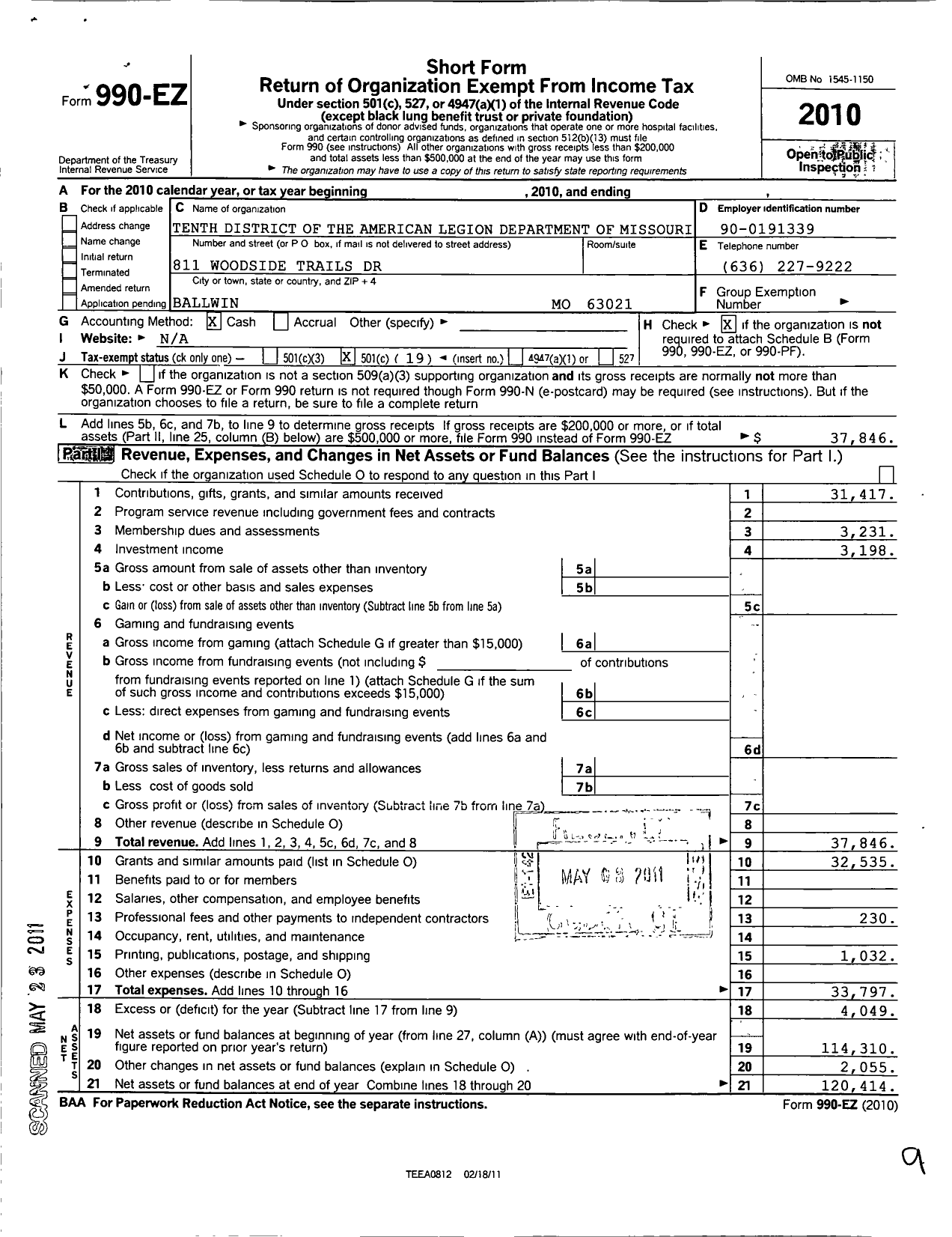 Image of first page of 2010 Form 990EO for American Legion - 10th District American Legion Dept