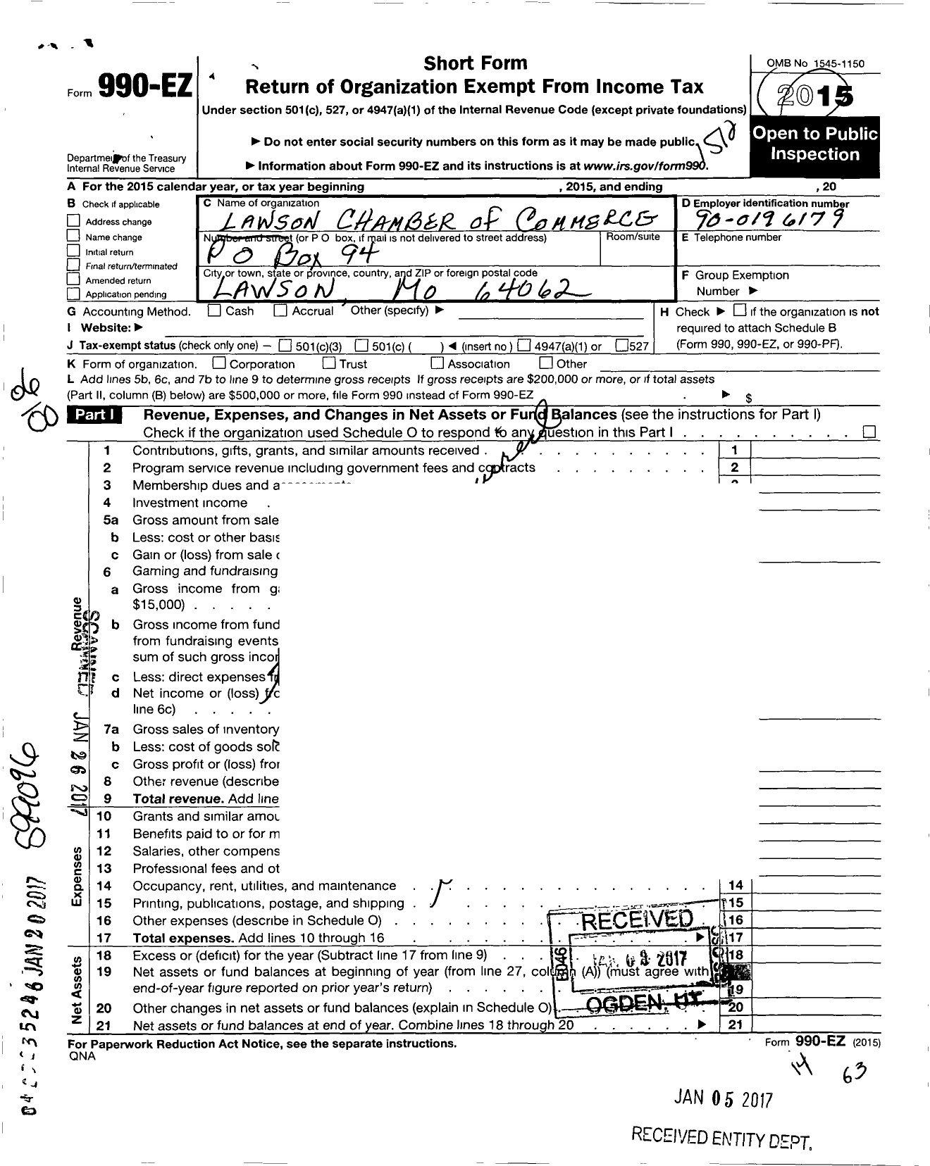 Image of first page of 2015 Form 990EO for Lawson Chamber of Commerce