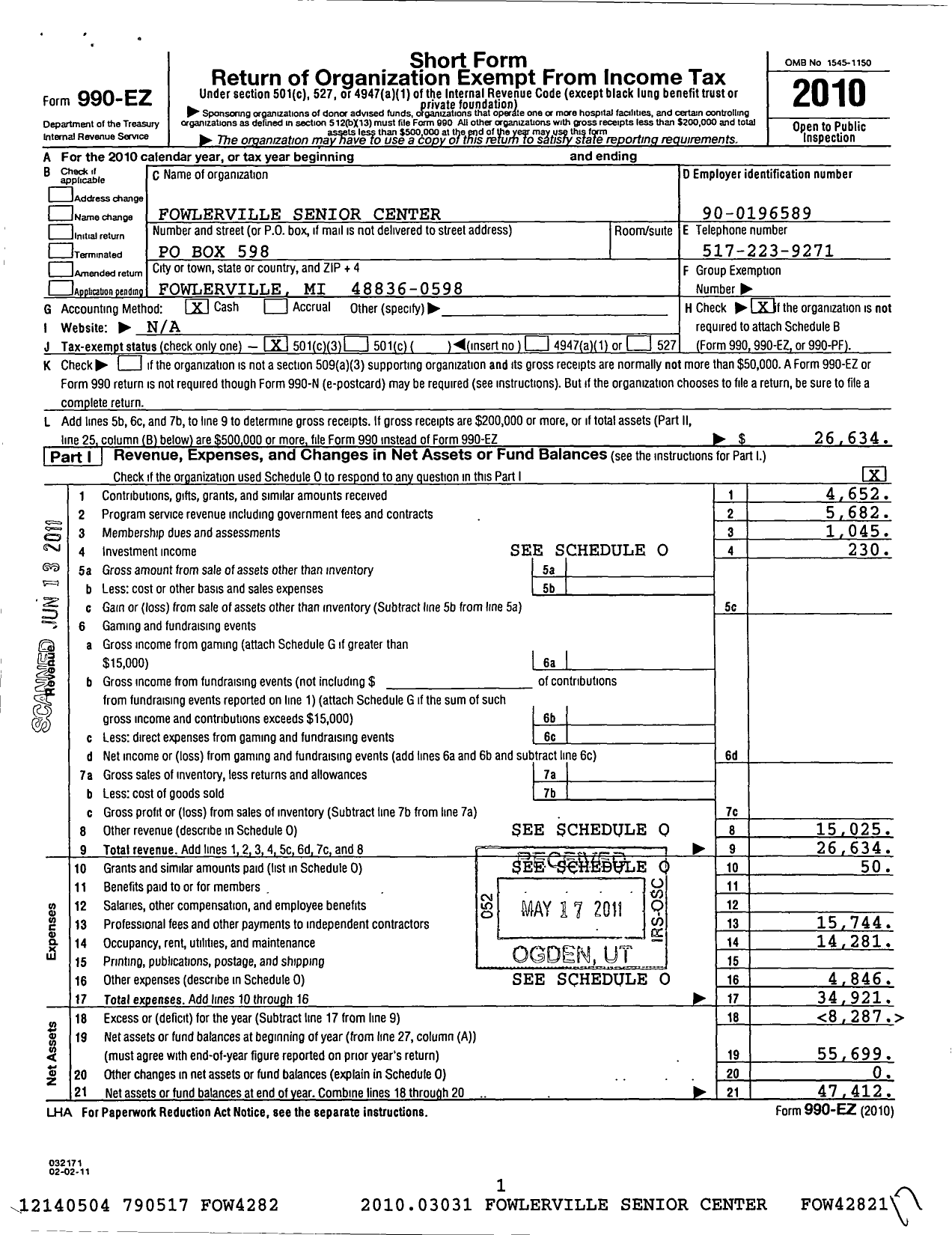 Image of first page of 2010 Form 990EZ for Fowlerville Senior Center