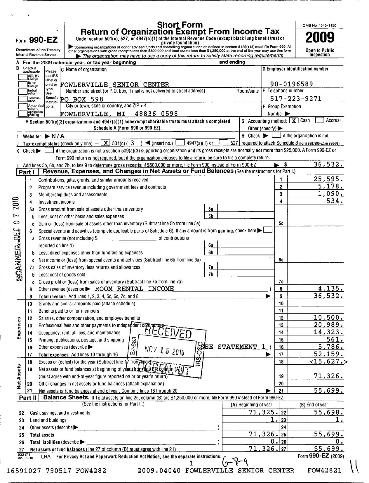 Image of first page of 2009 Form 990EZ for Fowlerville Senior Center