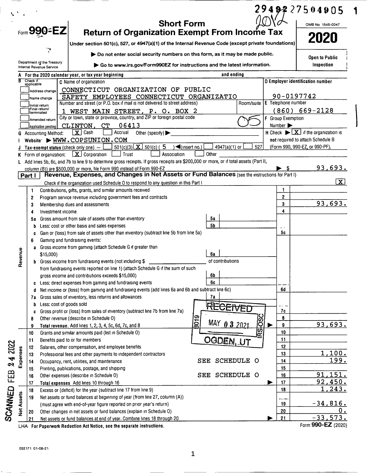 Image of first page of 2020 Form 990EO for Connecticut Organization of Public Safety Employees Connecticut Organization