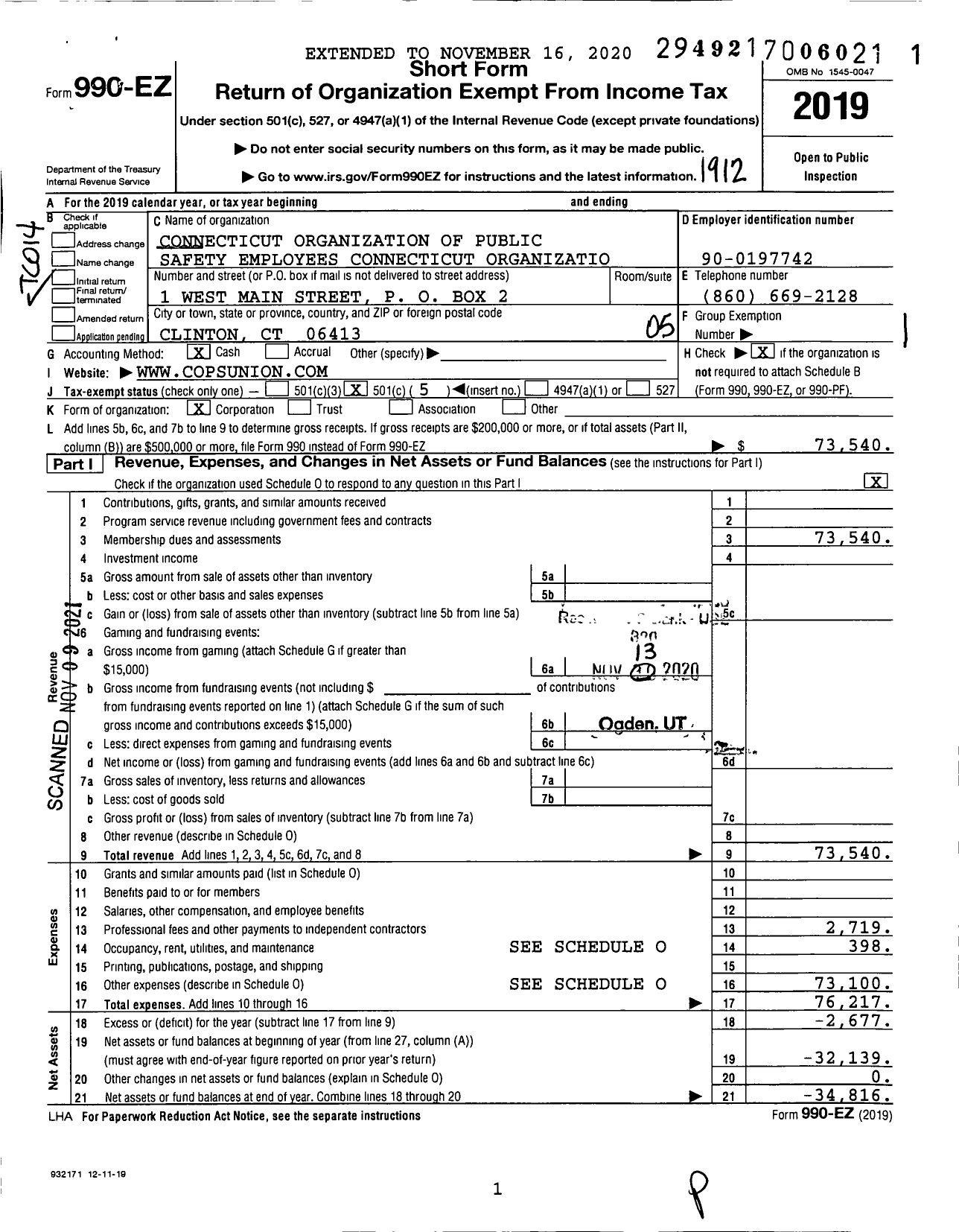 Image of first page of 2019 Form 990EO for Connecticut Organization of Public Safety Employees Connecticut Organization