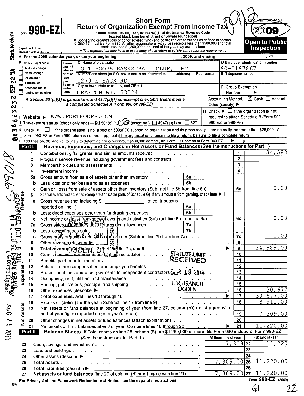 Image of first page of 2009 Form 990EZ for Port Hoops Basketball Club