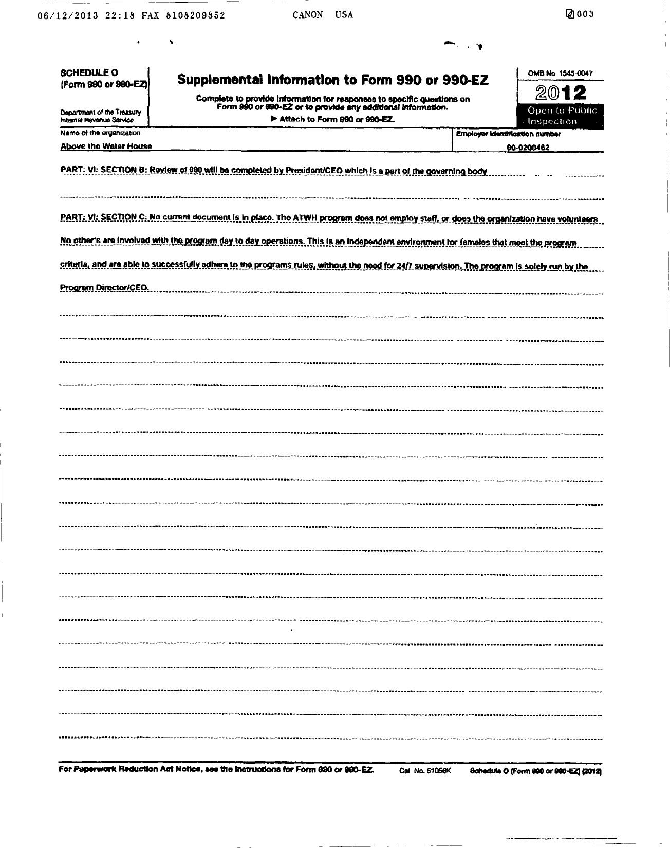 Image of first page of 2012 Form 990R for Above the Water House