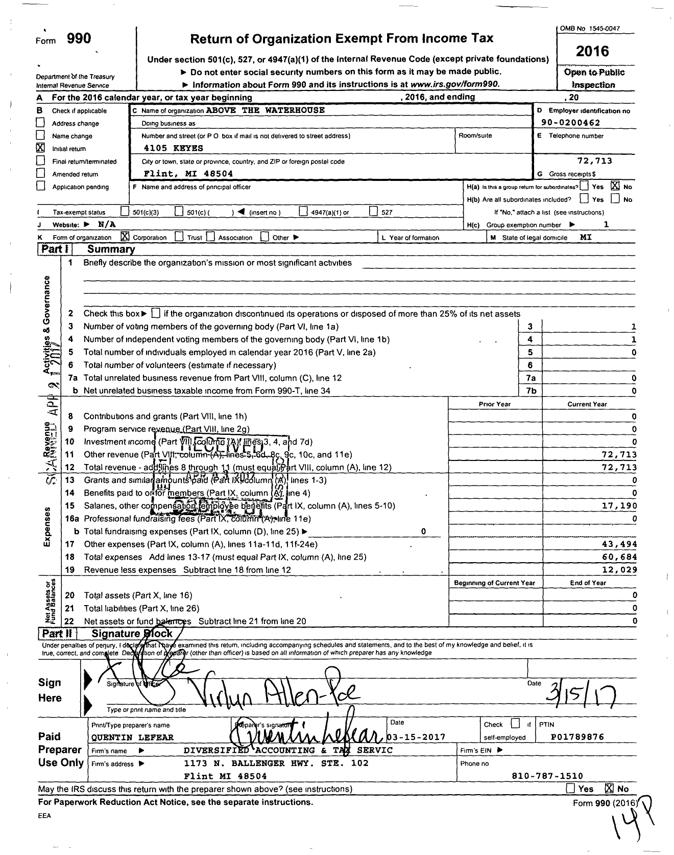 Image of first page of 2016 Form 990O for Above the Water House