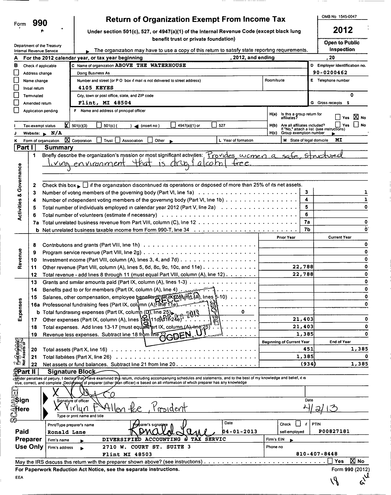 Image of first page of 2012 Form 990 for Above the Water House