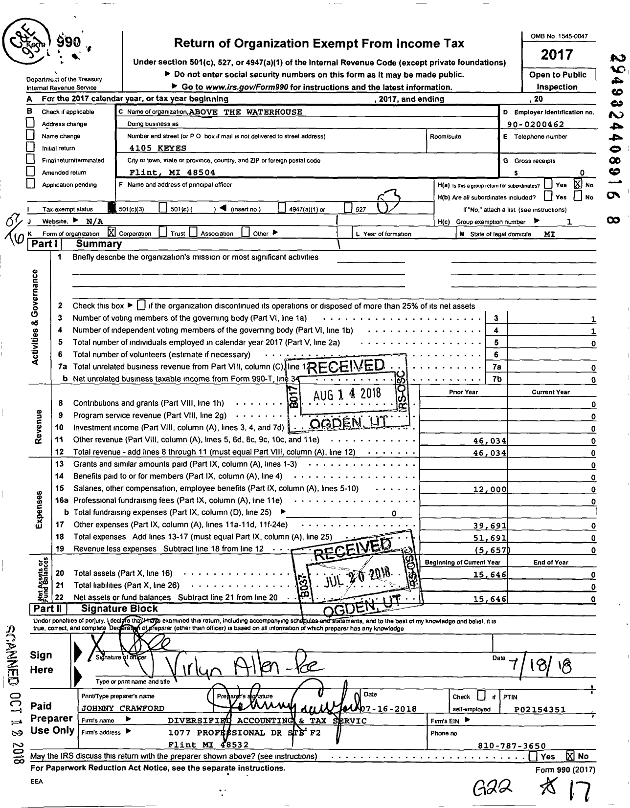 Image of first page of 2017 Form 990 for Above the Water House