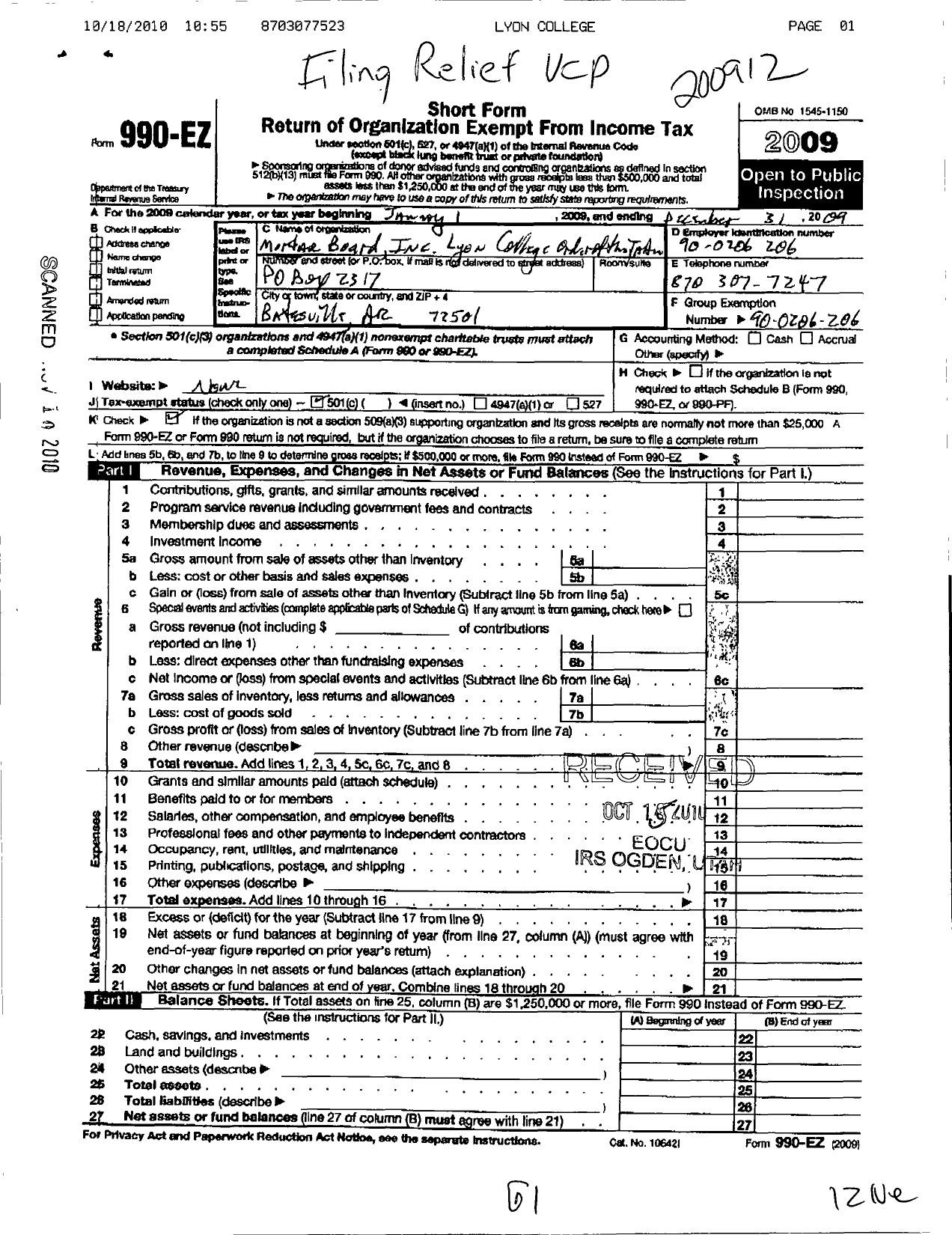 Image of first page of 2009 Form 990EO for Mortar Board / Lyon College Order of the Tartar CH