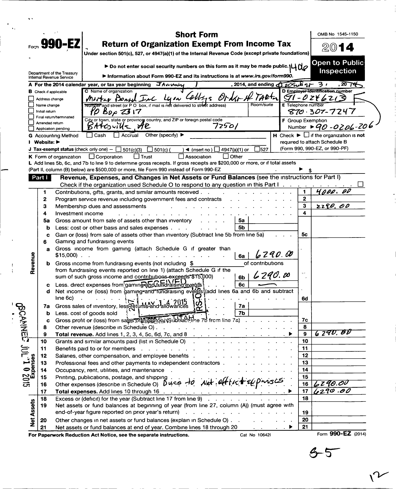 Image of first page of 2013 Form 990EO for Mortar Board / Lyon College Order of the Tartar CH