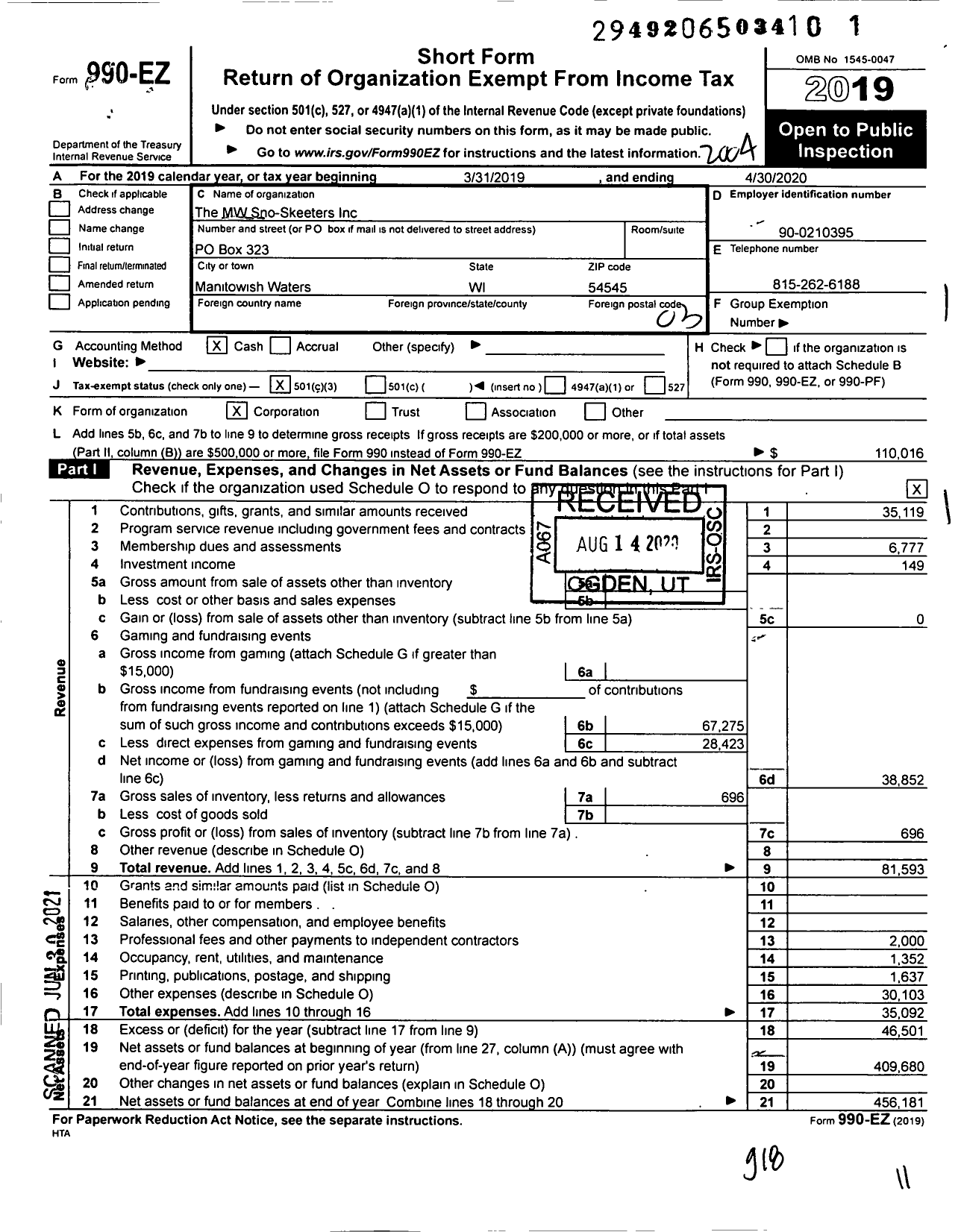 Image of first page of 2019 Form 990EZ for The MW Sno-Skeeters Club