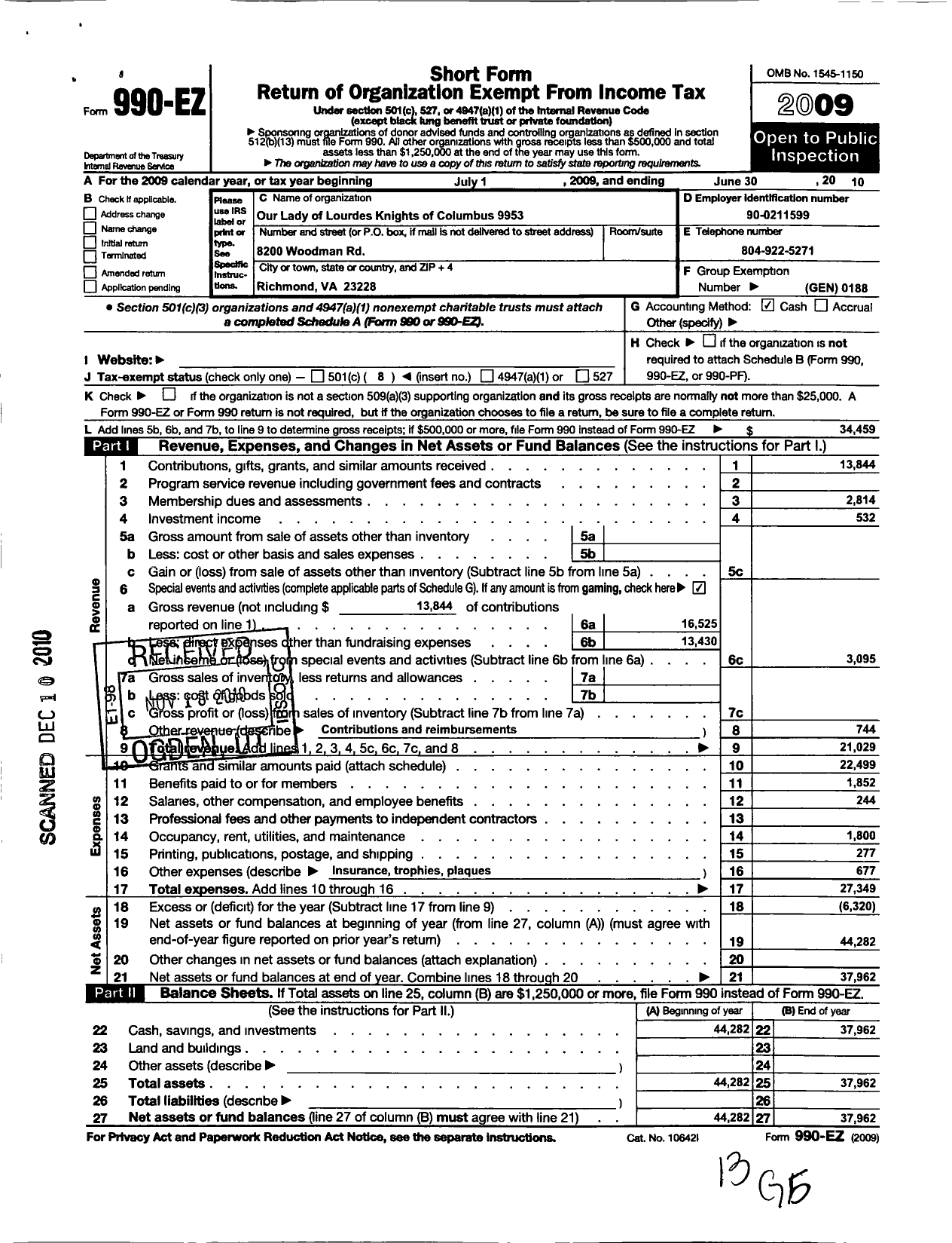 Image of first page of 2009 Form 990EO for Knights of Columbus - 9953 Our Lady of Lourdes Council