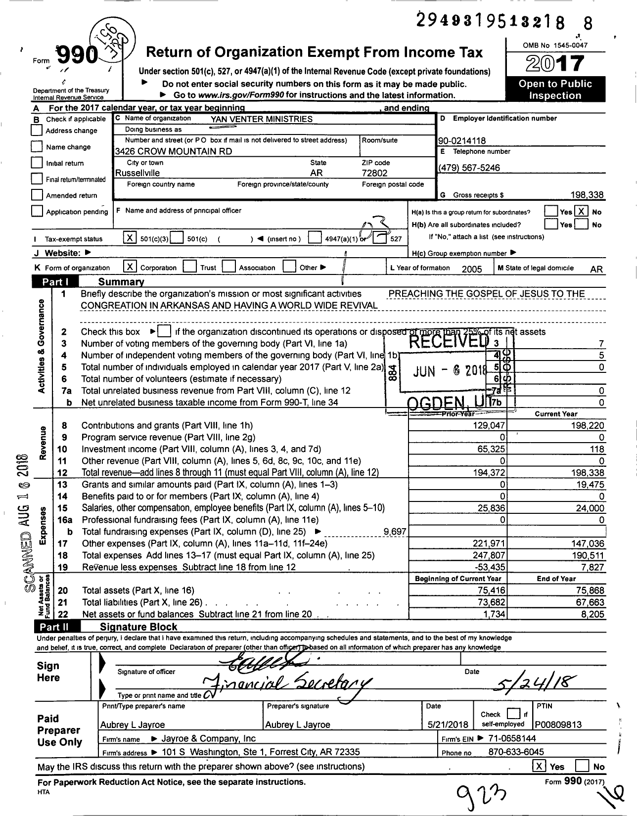 Image of first page of 2017 Form 990 for Yan Venter Ministries