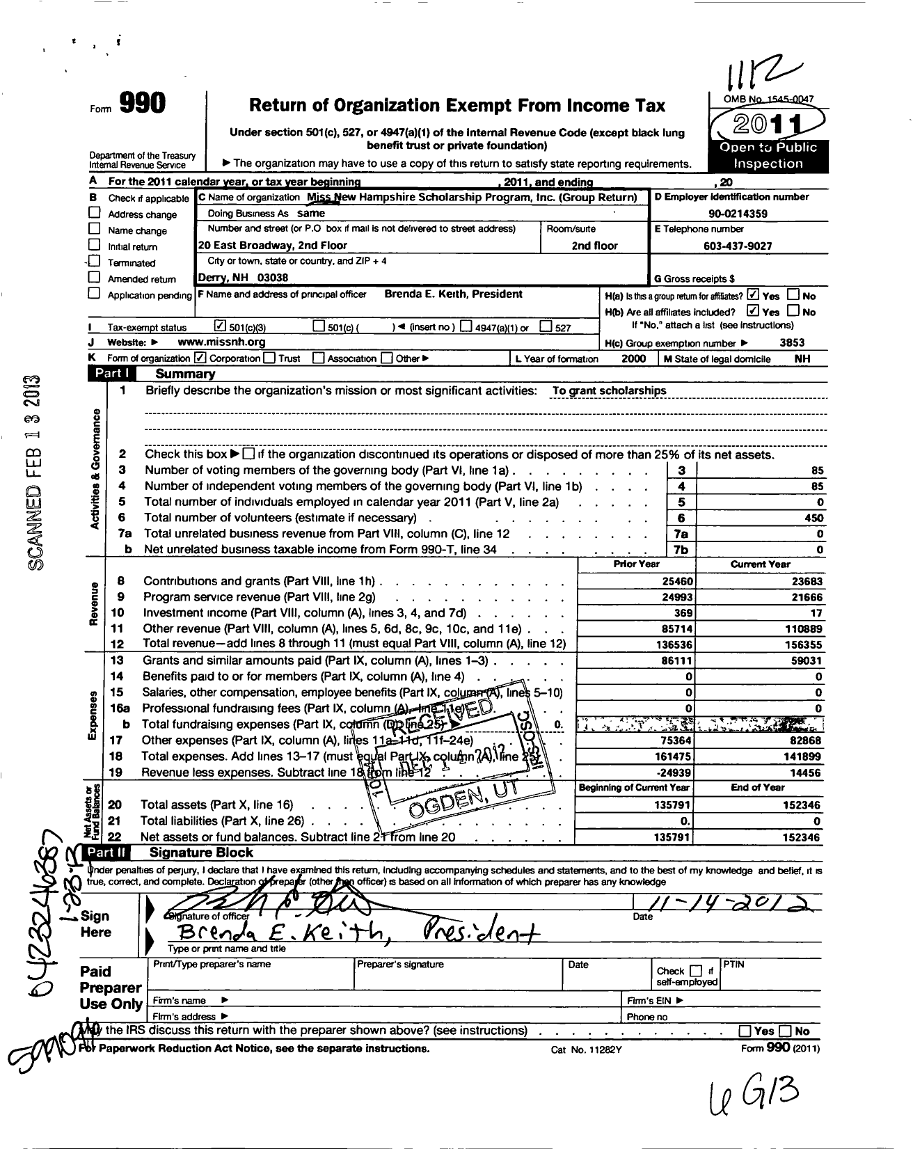 Image of first page of 2011 Form 990 for Miss New Hampshire Scholarship Program / Group Return