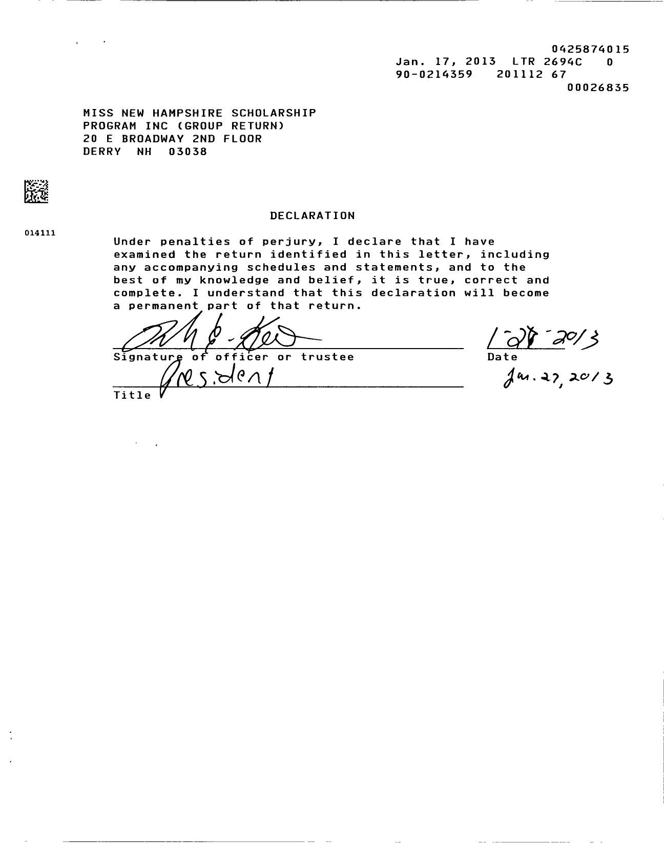 Image of first page of 2011 Form 990R for Miss New Hampshire Scholarship Program / Group Return