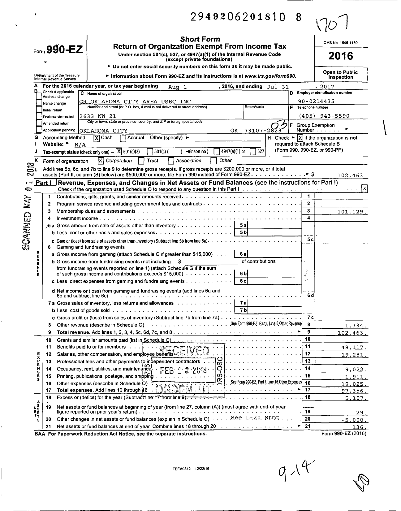 Image of first page of 2016 Form 990EZ for United States Bowling Congress - 80685 GR Oklahoma City Area Usbc