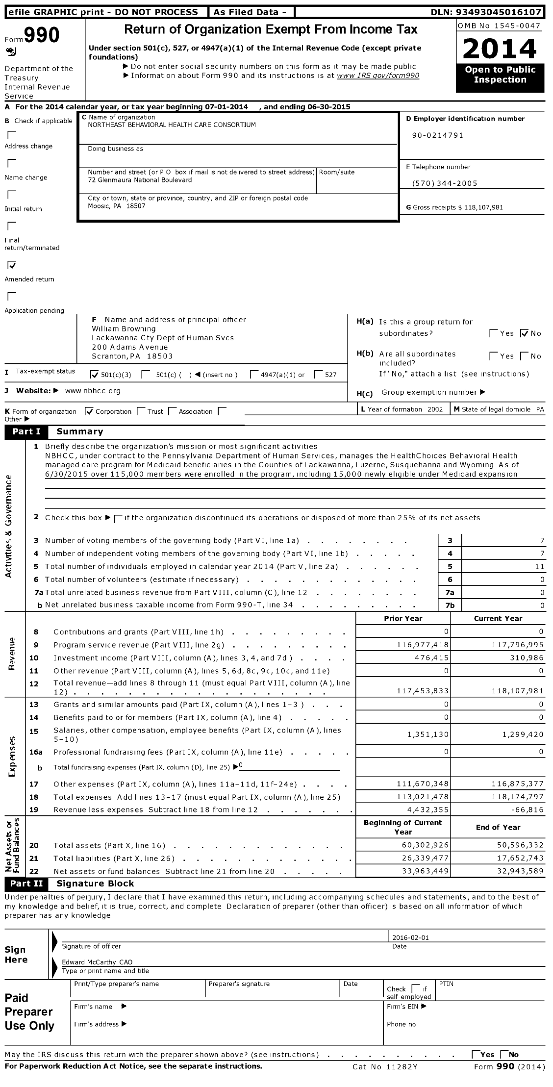 Image of first page of 2014 Form 990 for Northeast Behavioral Health Care Consortium (NBHCC)