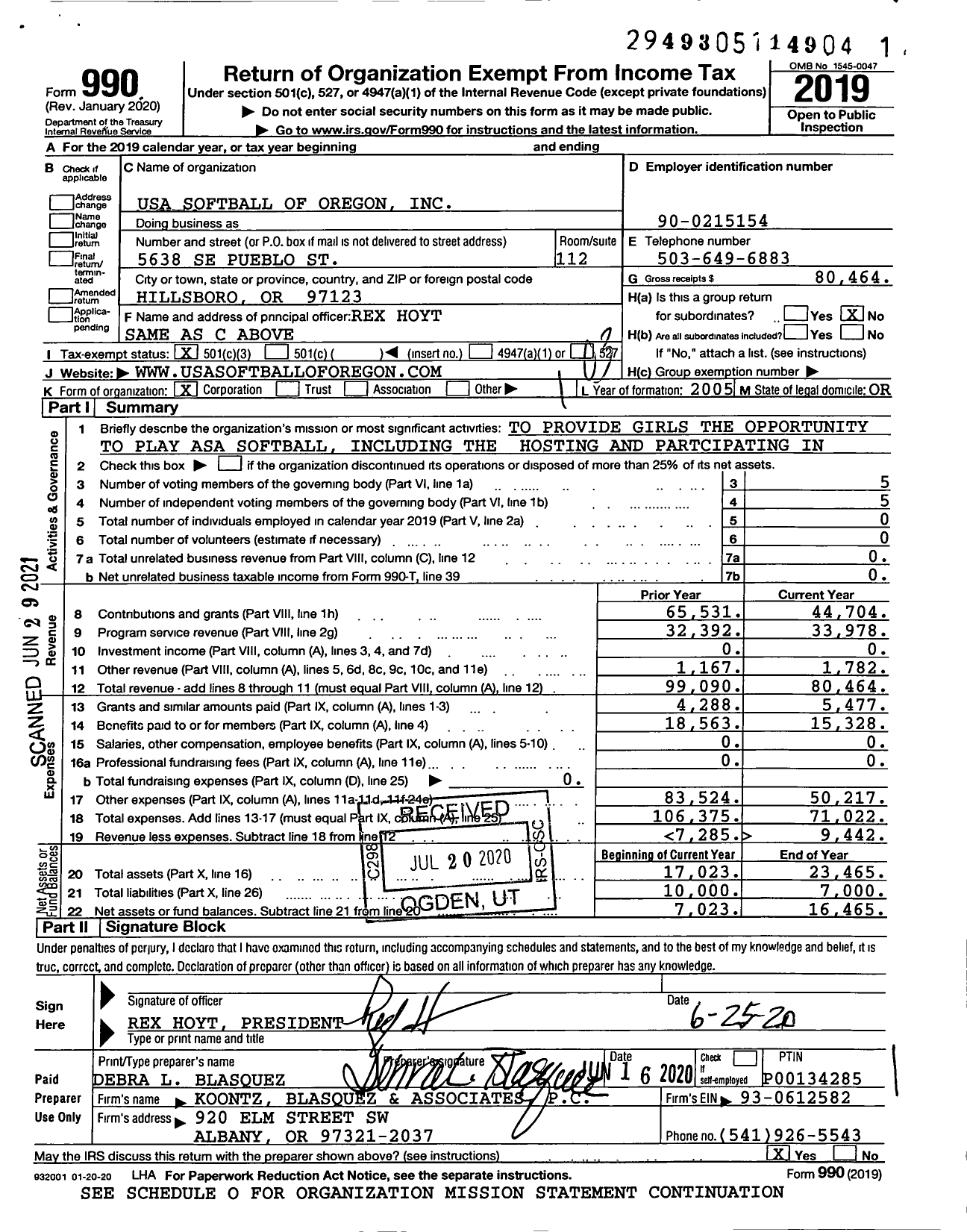 Image of first page of 2019 Form 990 for USA Softball of Oregon
