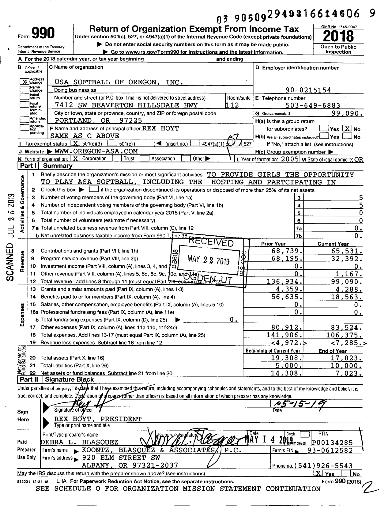 Image of first page of 2018 Form 990 for USA Softball of Oregon