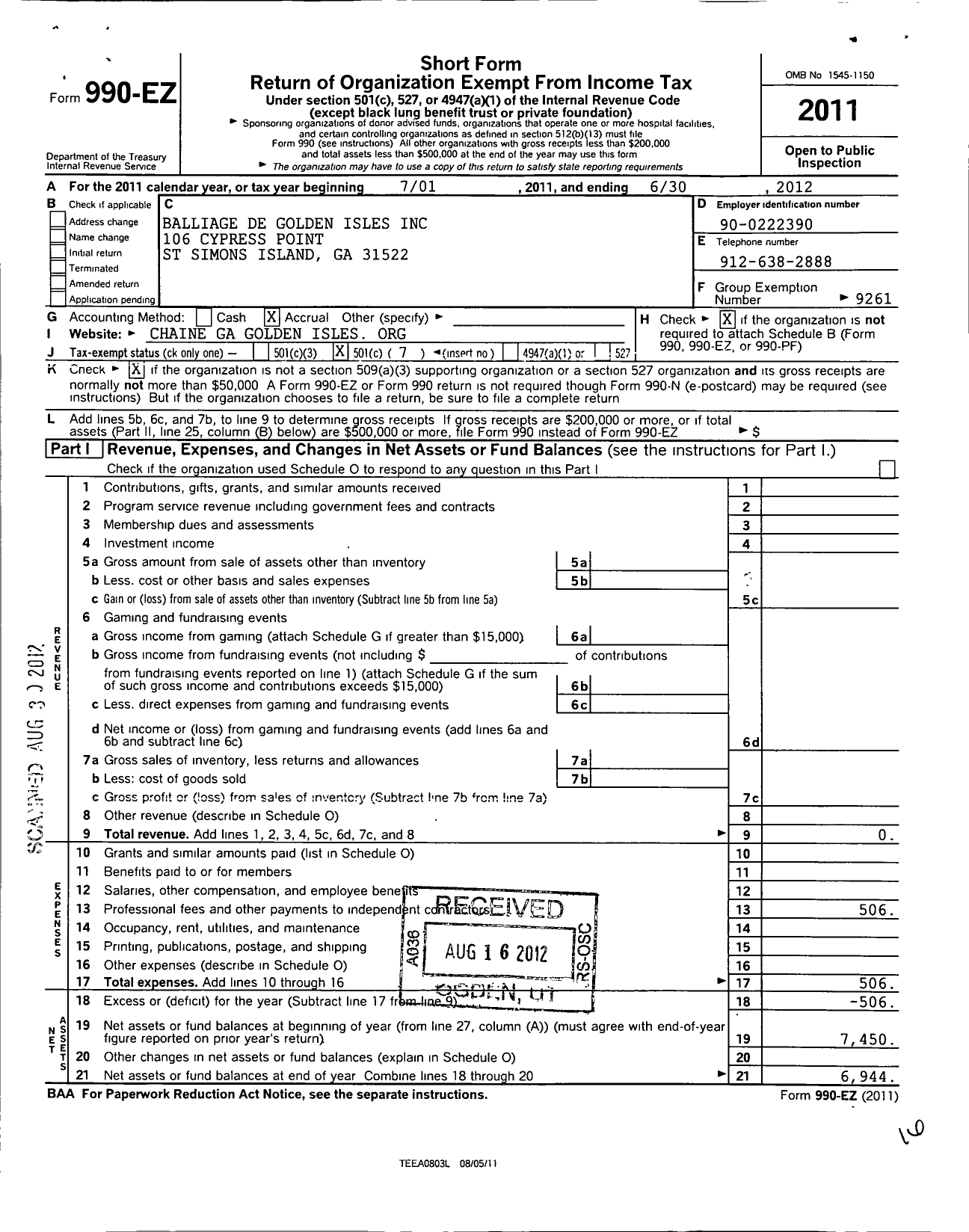 Image of first page of 2011 Form 990EO for Balliage de Golden Isles