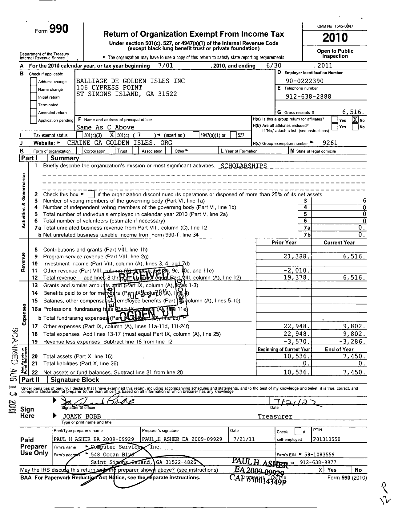 Image of first page of 2010 Form 990O for Balliage de Golden Isles