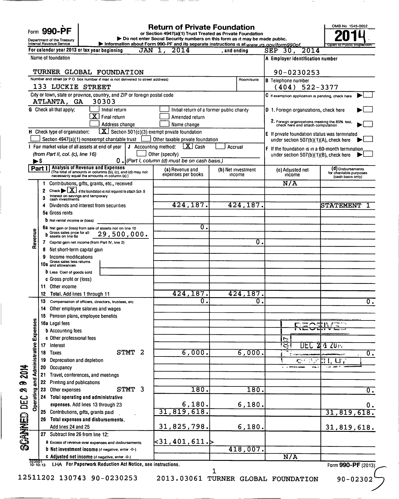 Image of first page of 2013 Form 990PF for Turner Global Foundation
