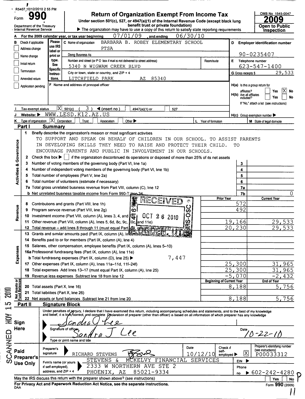 Image of first page of 2009 Form 990 for PTA Arizona Congress of Parents and Teachers / Barbara B Robey Ptsa