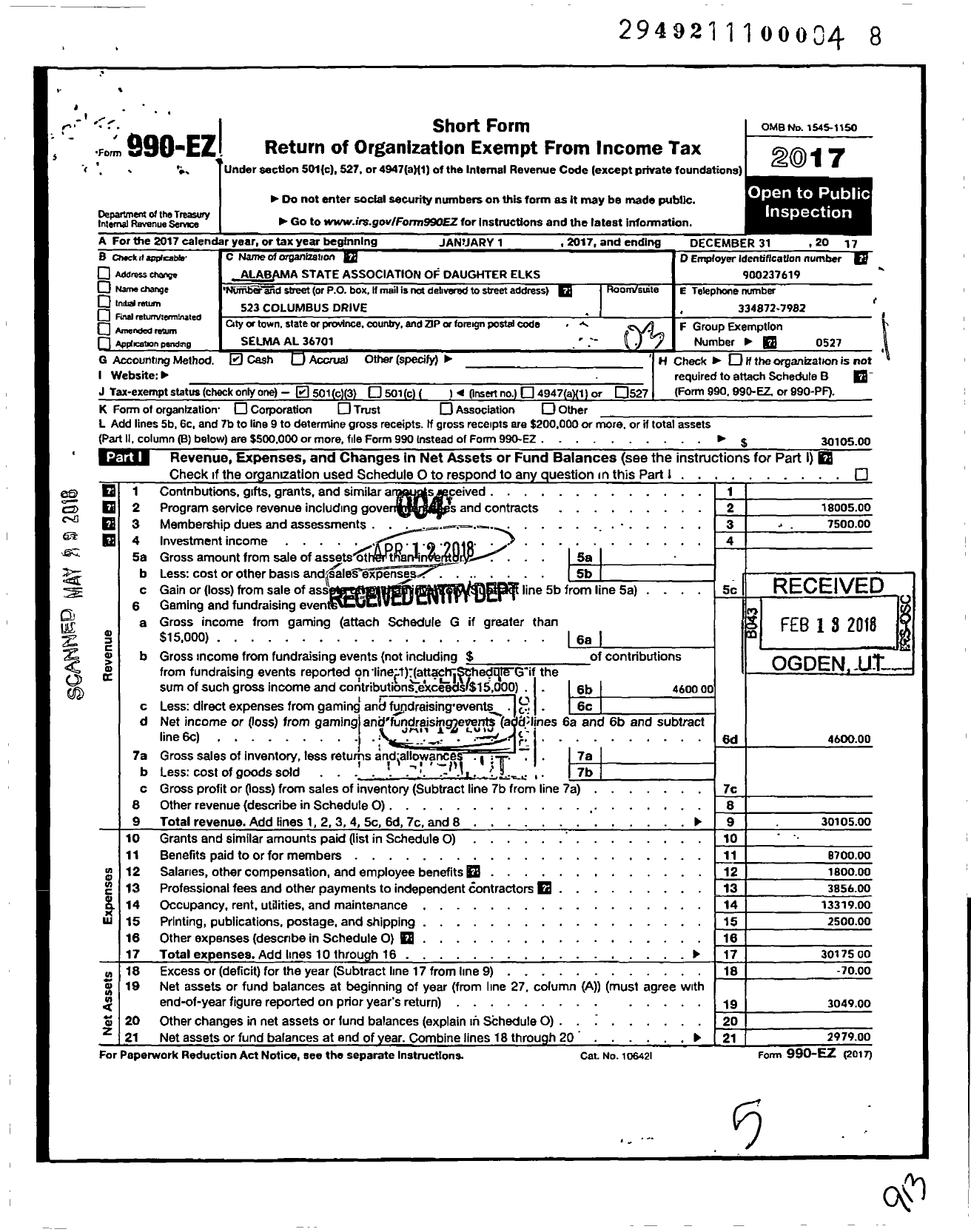 Image of first page of 2017 Form 990EZ for Improved Benevolent and Protective Order of Elks of the World - Alabama State Assoc of Daughter Elk