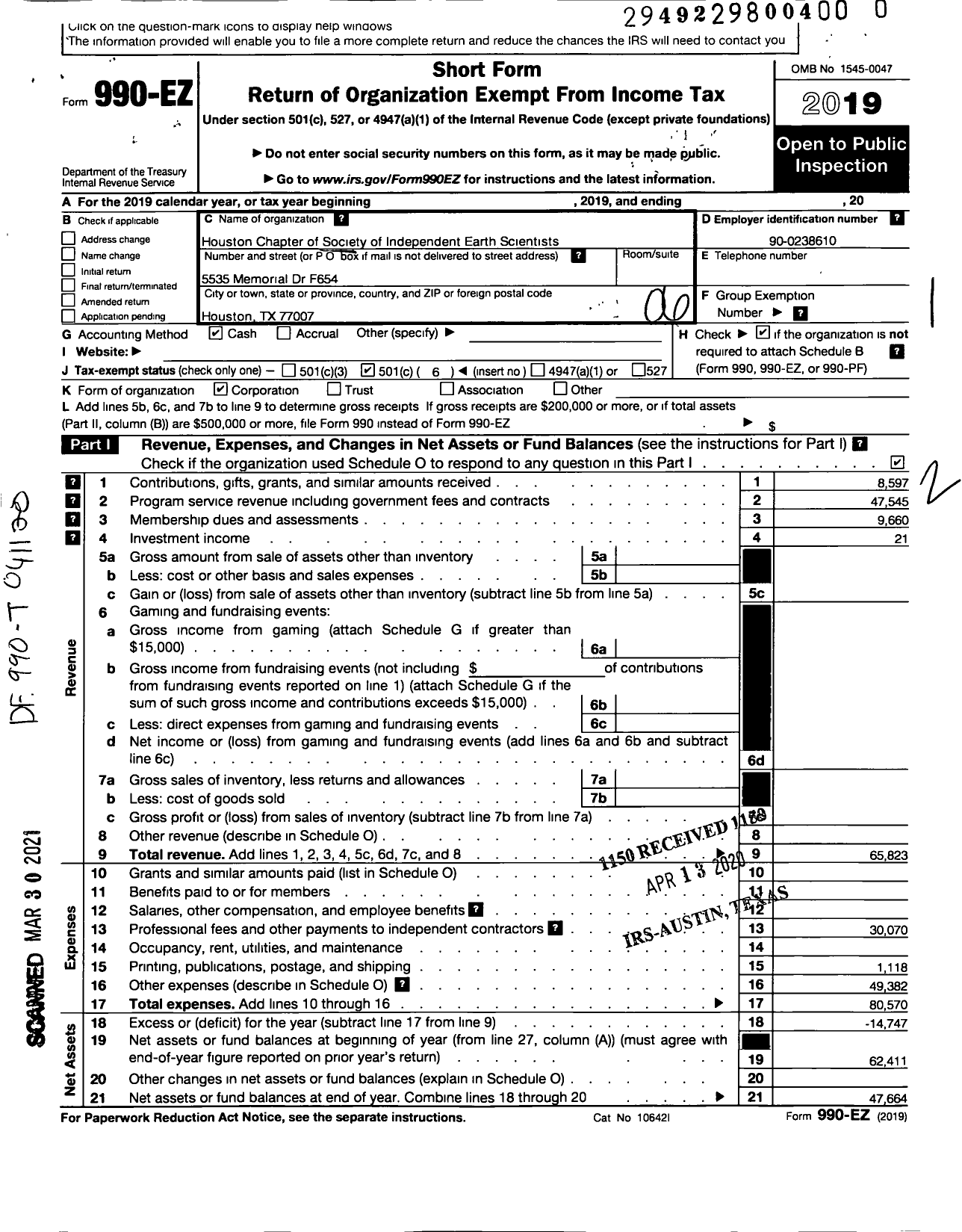 Image of first page of 2019 Form 990EO for Houston Chapter of Society of Independent Earth Scientists