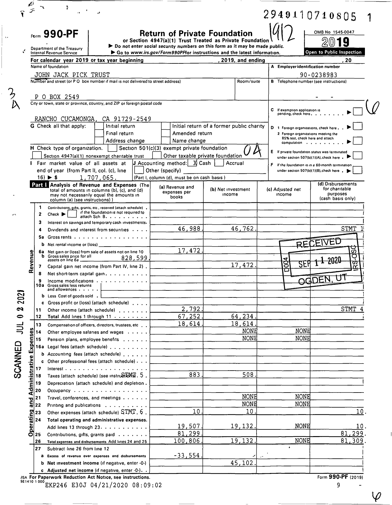 Image of first page of 2019 Form 990PF for John Jack Pick Trust