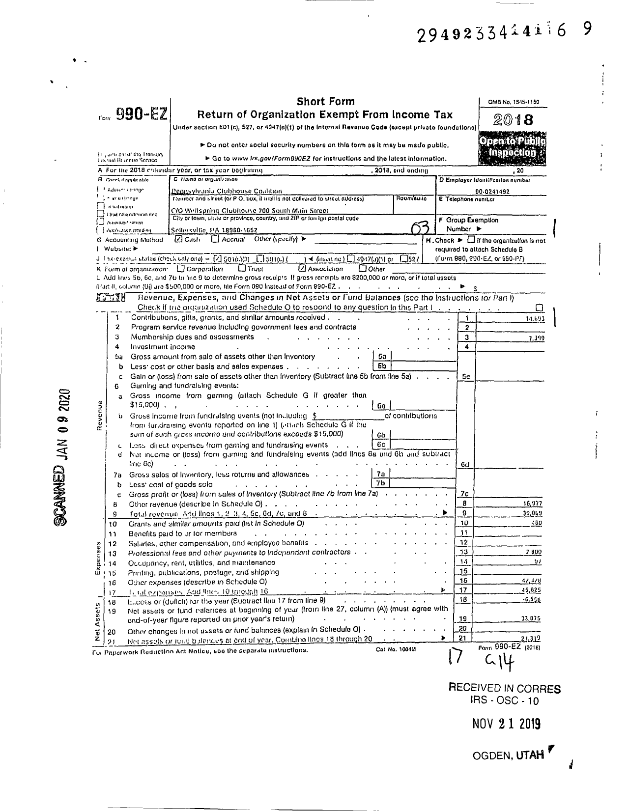 Image of first page of 2018 Form 990EZ for Pennsylvania Clubhouse Coalition