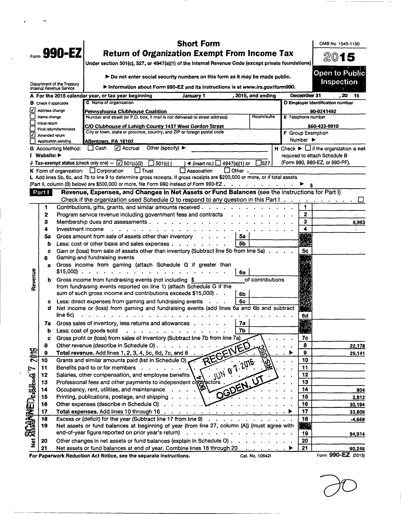 Image of first page of 2015 Form 990EZ for Pennsylvania Clubhouse Coalition