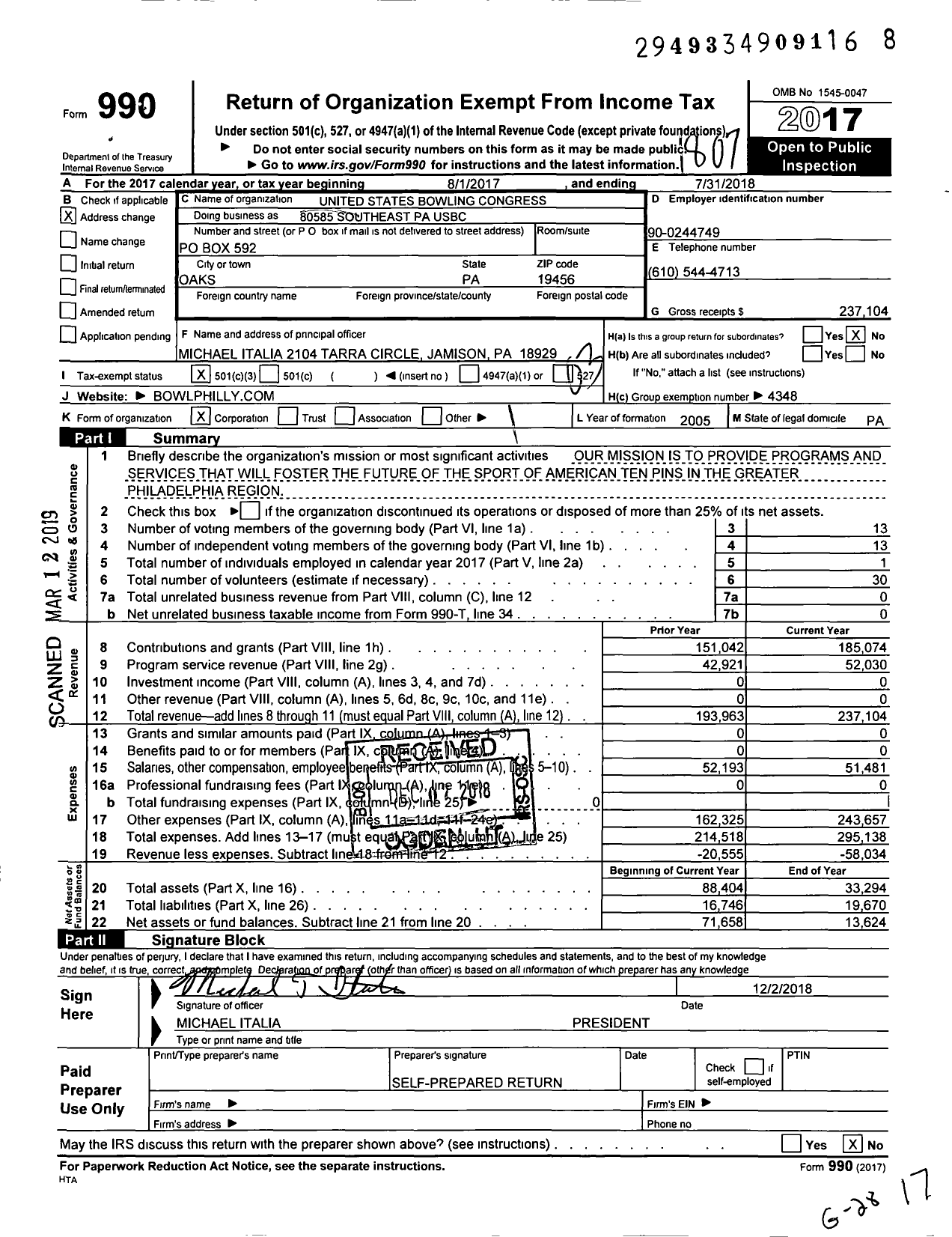 Image of first page of 2017 Form 990 for United States Bowling Congress - Sepa Usbc-Southeast Pa Usbc