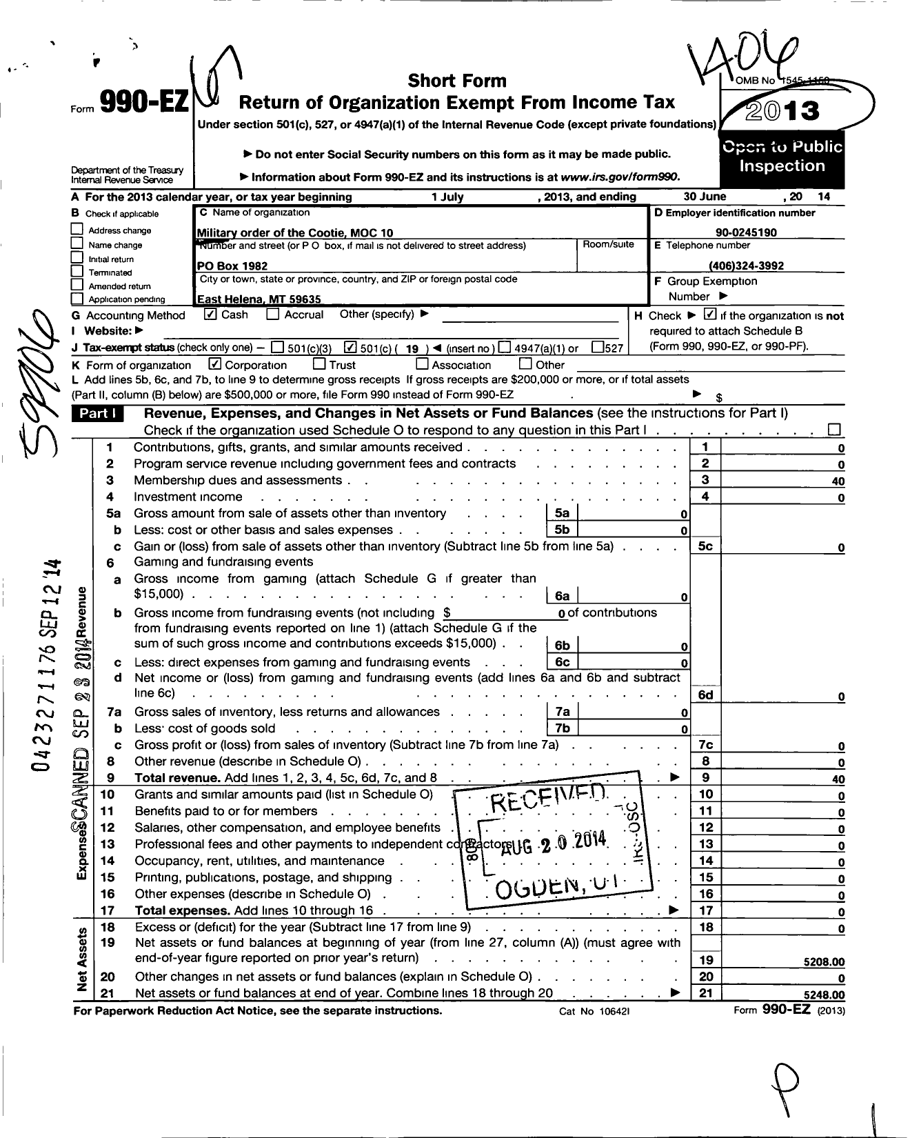 Image of first page of 2013 Form 990EO for Military Order of the Cootie of the United States