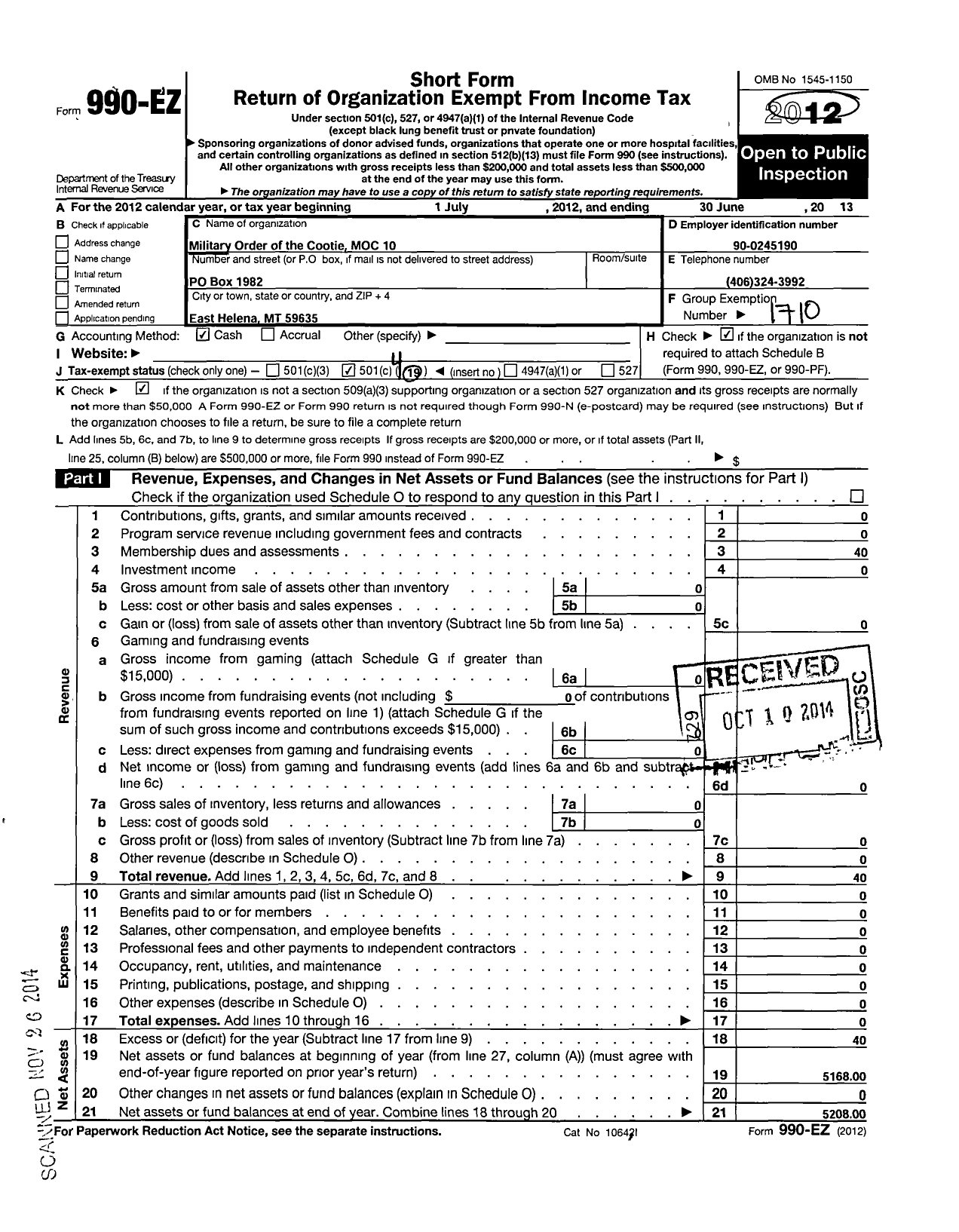 Image of first page of 2012 Form 990EO for Military Order of the Cootie of the United States