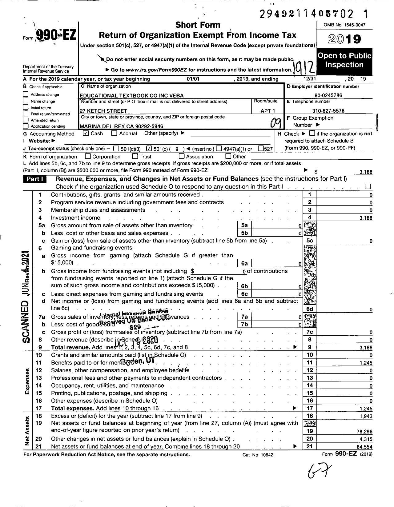 Image of first page of 2019 Form 990EO for Educational Textbook Company Veba