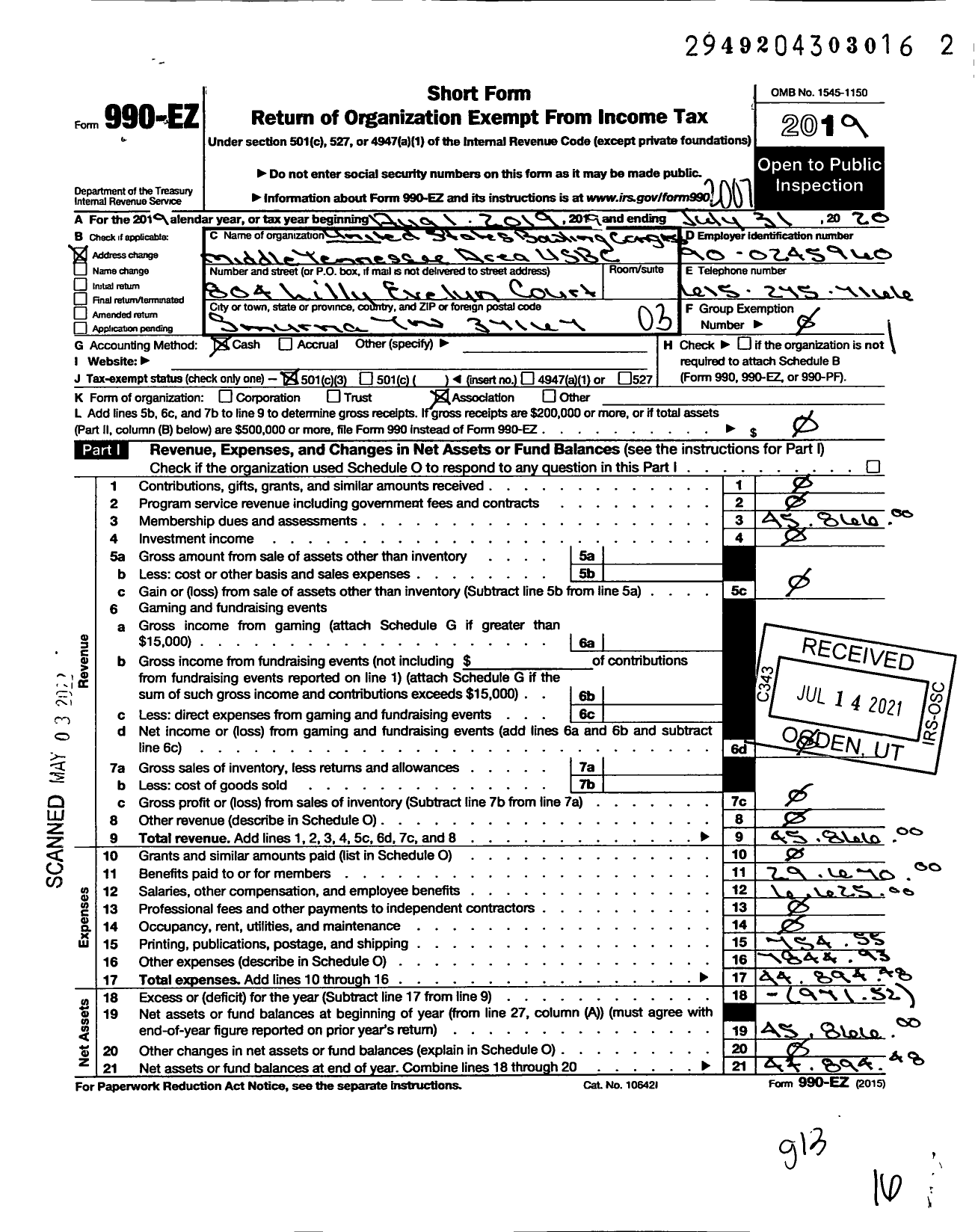 Image of first page of 2019 Form 990EZ for United States Bowling Congress - 86920 Middle Tennessee Area Usbc