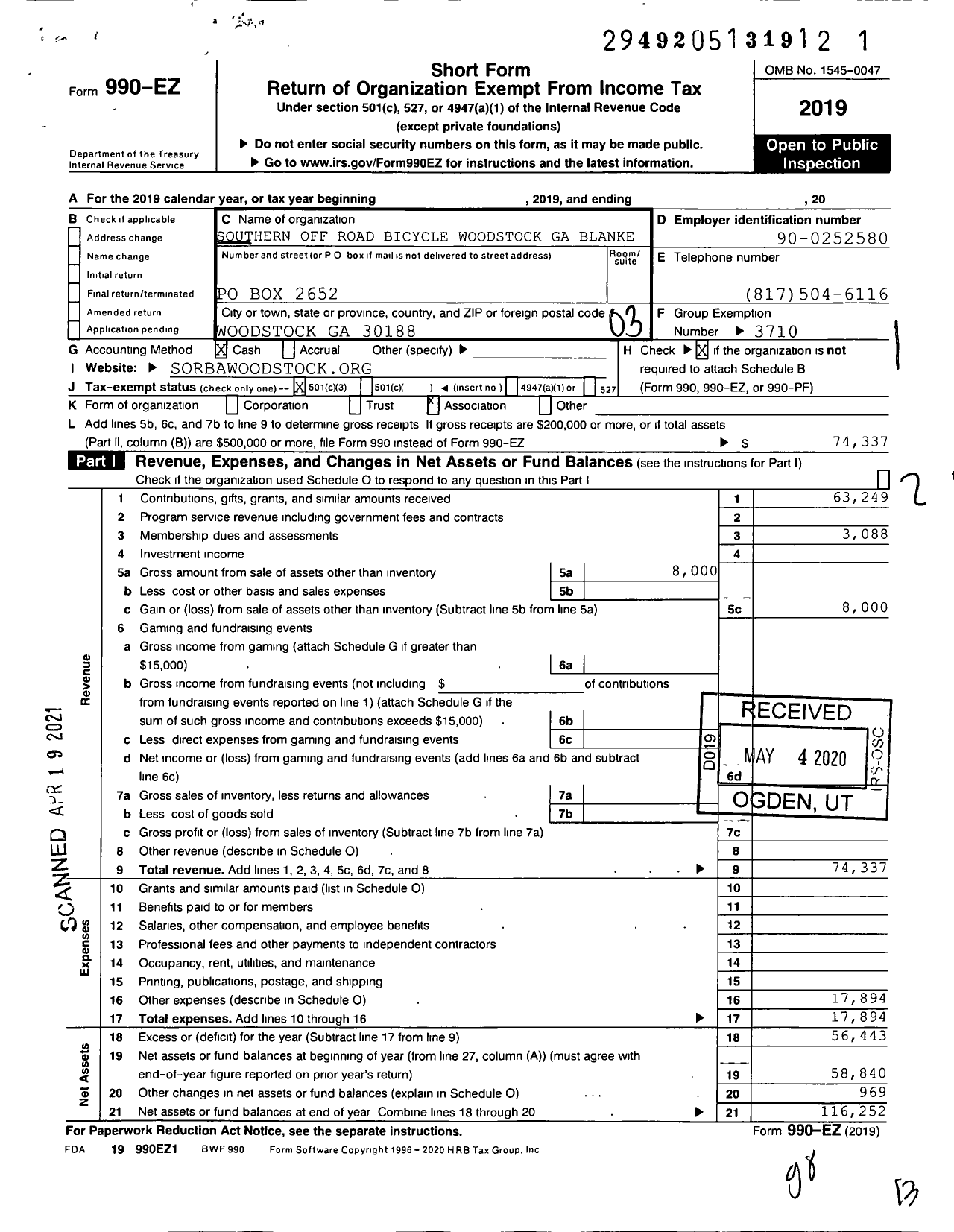 Image of first page of 2019 Form 990EZ for Southern Offroad Road Bicycle Woodstock Ga Blankets CR