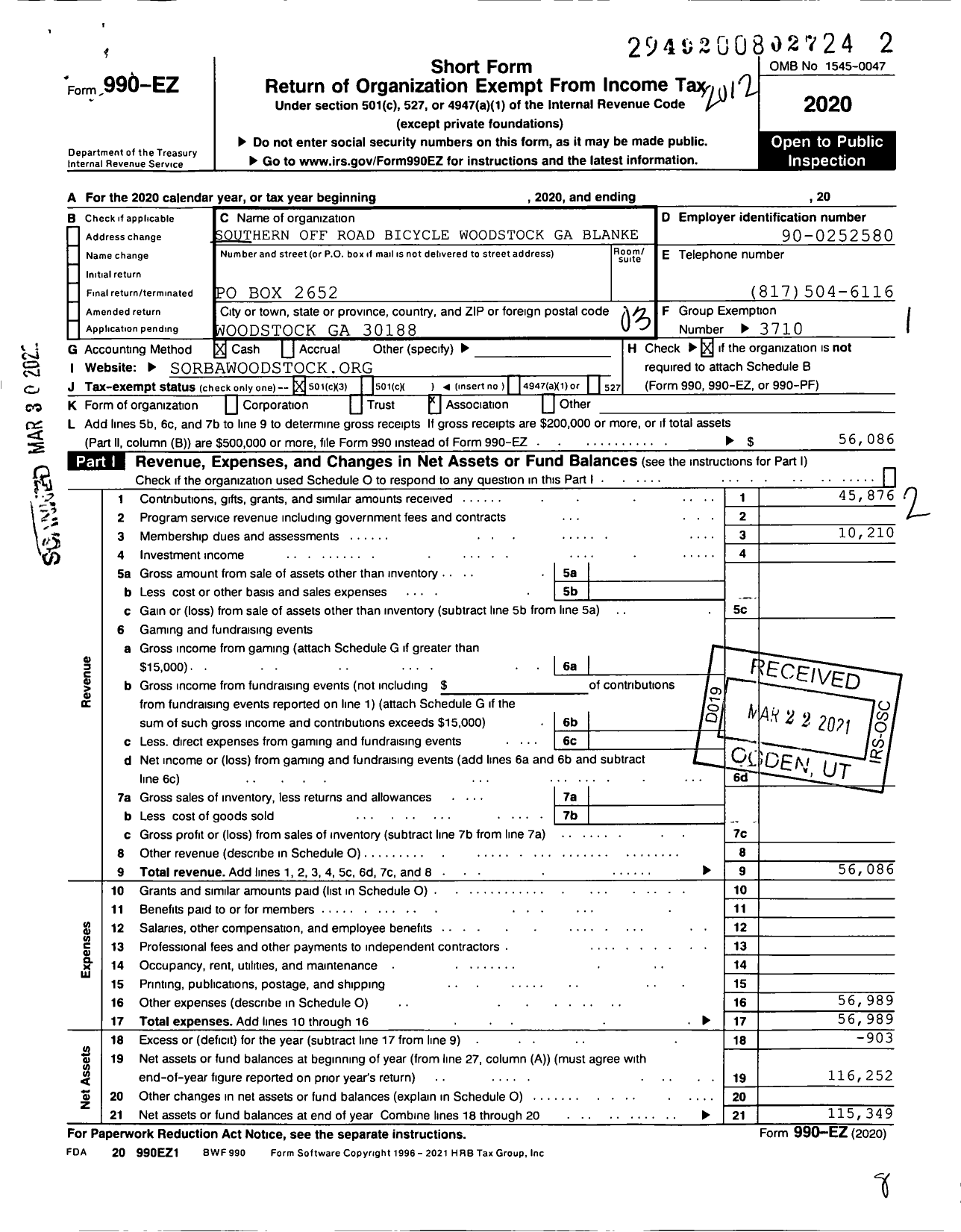 Image of first page of 2020 Form 990EZ for Southern Offroad Road Bicycle Woodstock Ga Blankets CR