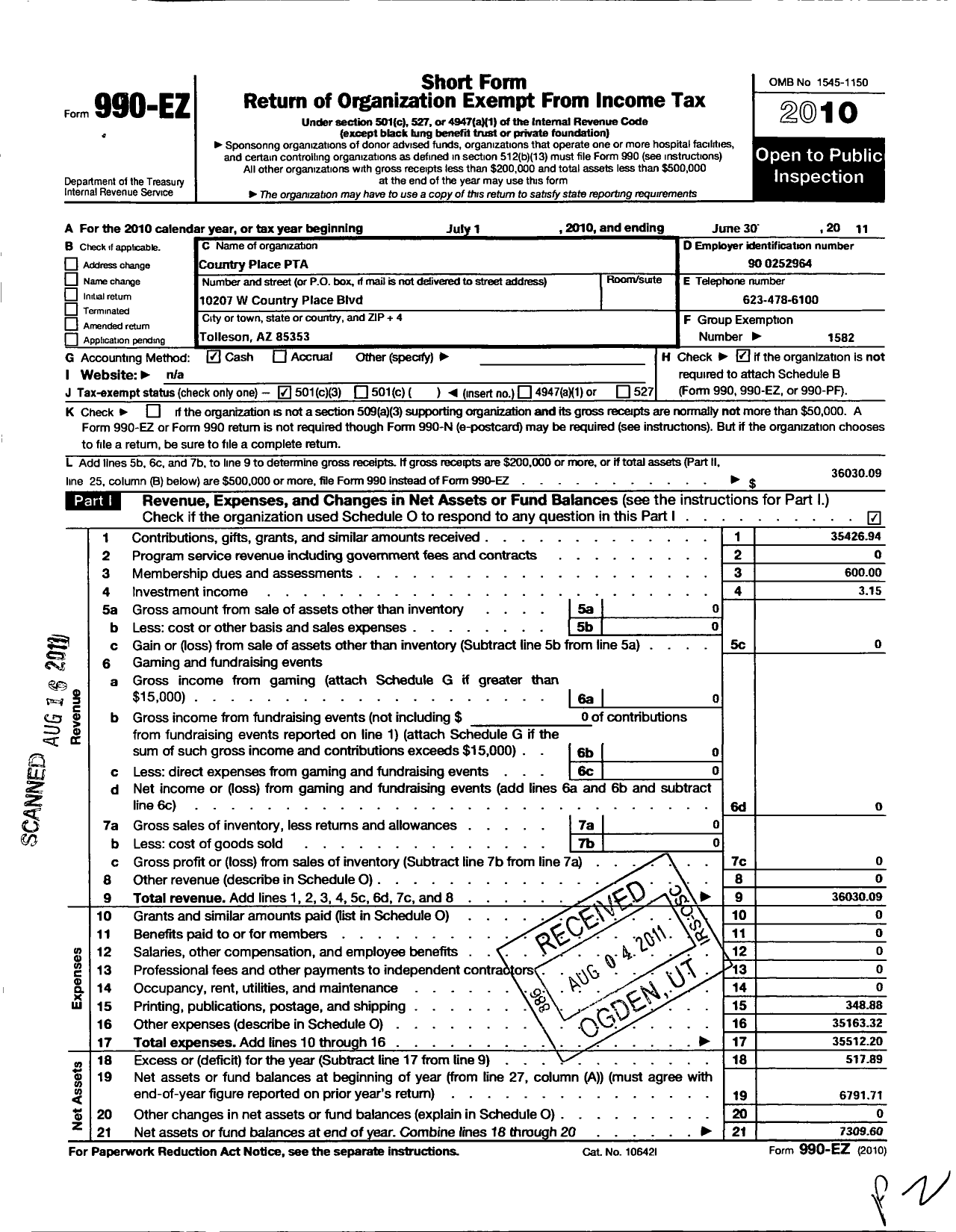 Image of first page of 2010 Form 990EZ for PTA Arizona Congres of Parents and Teachers / Country Place PTA